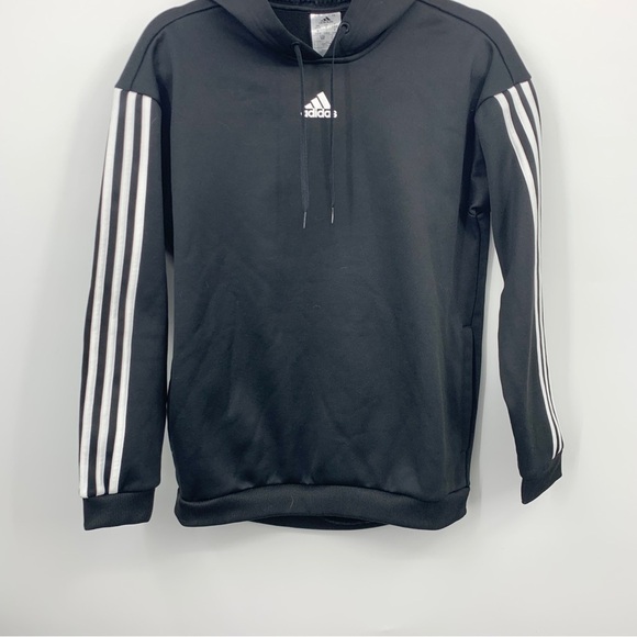 ADIDAS Women Small Hoodie Pullover Sweatshirt Top Black White 3 Stripe Fleece - Picture 3 of 9